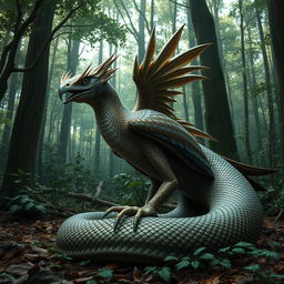 A surreal creature in a dense forest, combining features of an eagle and a snake