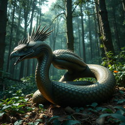 A surreal creature in a dense forest, combining features of an eagle and a snake