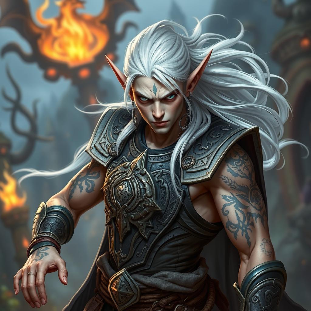 An elf character embodying the battle warlock class, depicted in a serious battle stance