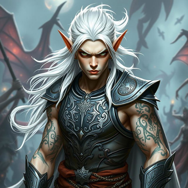 An elf character embodying the battle warlock class, depicted in a serious battle stance