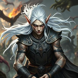 An elf character embodying the battle warlock class, depicted in a serious battle stance
