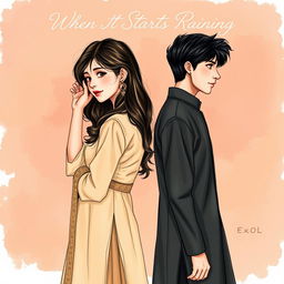 A detailed drawing of a boy and a girl standing back to back, facing opposite sides in a vibrant yet soft-toned artistic scene