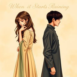 A detailed drawing of a boy and a girl standing back to back, facing opposite sides in a vibrant yet soft-toned artistic scene