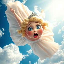 A fat blonde princess with sparkling blue eyes and vivid red lips is falling gracefully from the sky, her expression filled with surprise and fear