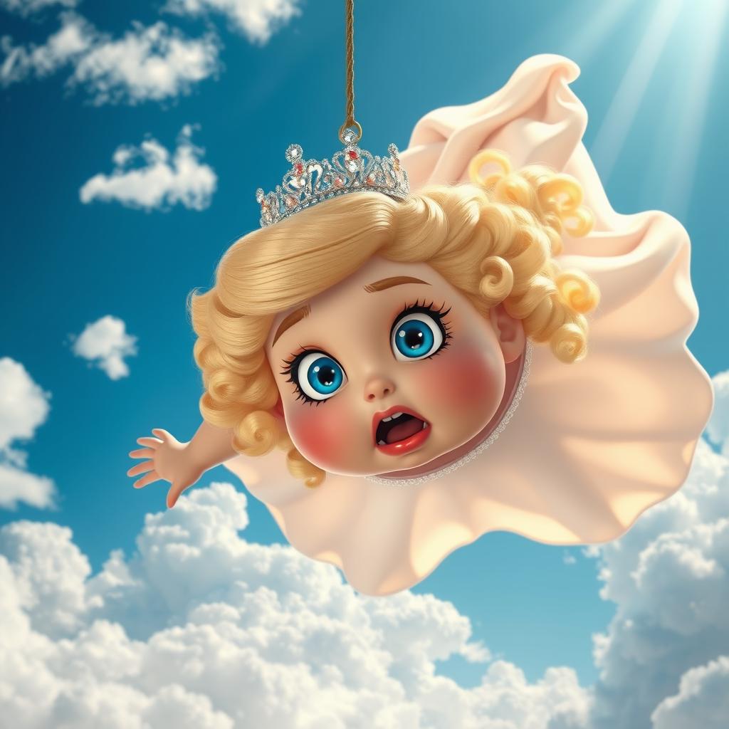 A fat blonde princess with sparkling blue eyes and vivid red lips is falling gracefully from the sky, her expression filled with surprise and fear