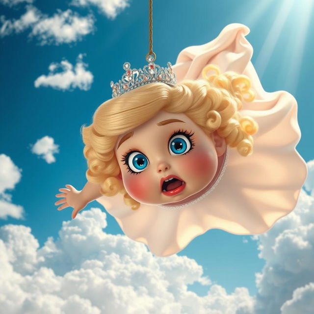 A fat blonde princess with sparkling blue eyes and vivid red lips is falling gracefully from the sky, her expression filled with surprise and fear