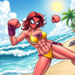 A dynamic and colorful illustration of Marvel's Spiderwoman at the beach, wearing a stylish bikini that complements her costume colors