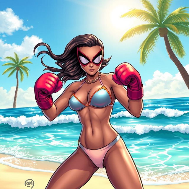 A dynamic and colorful illustration of Marvel's Spiderwoman at the beach, wearing a stylish bikini that complements her costume colors