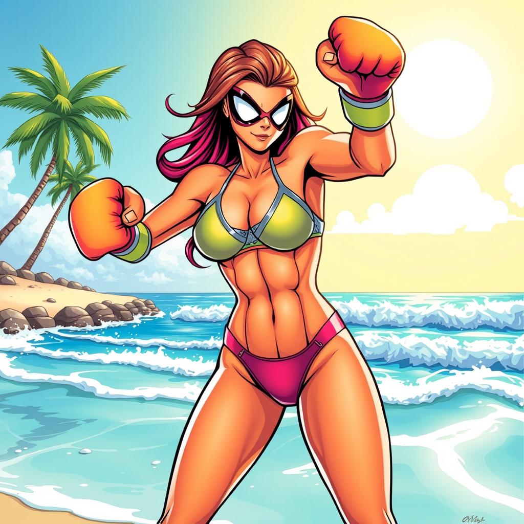 A dynamic and colorful illustration of Marvel's Spiderwoman at the beach, wearing a stylish bikini that complements her costume colors