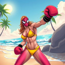 A dynamic and colorful illustration of Marvel's Spiderwoman at the beach, wearing a stylish bikini that complements her costume colors