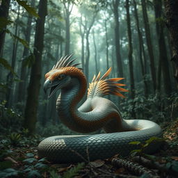 A surreal creature in a dense forest, combining features of an eagle and a snake