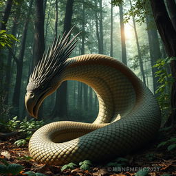 A surreal creature in a dense forest, combining features of an eagle and a snake