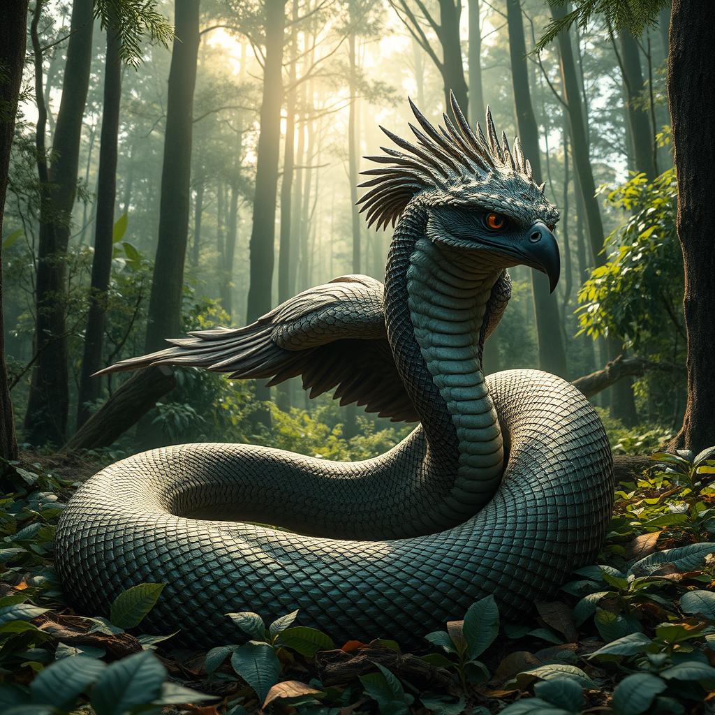 A surreal creature in a dense forest, combining features of an eagle and a snake