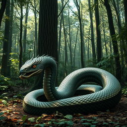 A surreal creature in a dense forest, combining features of an eagle and a snake