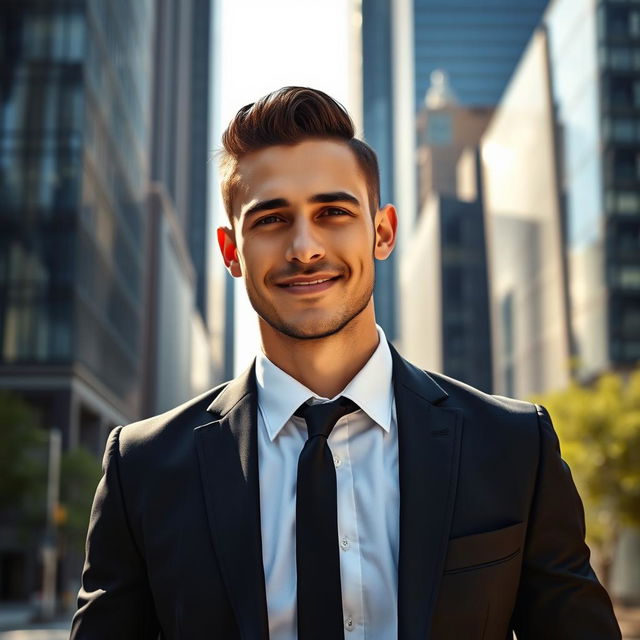 A confident man wearing a tailored black suit, white dress shirt, and a stylish black tie