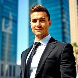 A confident man wearing a tailored black suit, white dress shirt, and a stylish black tie
