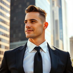 A confident man wearing a tailored black suit, white dress shirt, and a stylish black tie