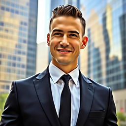 A confident man wearing a tailored black suit, white dress shirt, and a stylish black tie