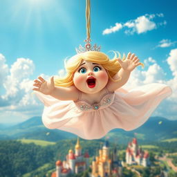 A whimsical scene of a fat blonde princess with a sparkling tiara, striking blue eyes, and vibrant red lips, tumbling from the sky