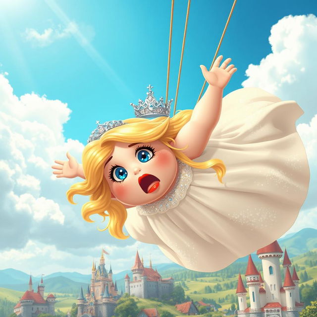 A whimsical scene of a fat blonde princess with a sparkling tiara, striking blue eyes, and vibrant red lips, tumbling from the sky