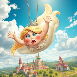 A whimsical scene of a fat blonde princess with a sparkling tiara, striking blue eyes, and vibrant red lips, tumbling from the sky