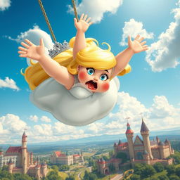A whimsical scene of a fat blonde princess with a sparkling tiara, striking blue eyes, and vibrant red lips, tumbling from the sky