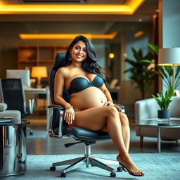 An eye-catching image of Shruti Haasan sitting comfortably on a stylish office chair, wearing a fashionable bikini that highlights her big belly and curvy breasts