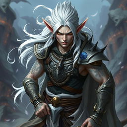 An elf character embodying the battle warlock class, depicted in a serious battle stance