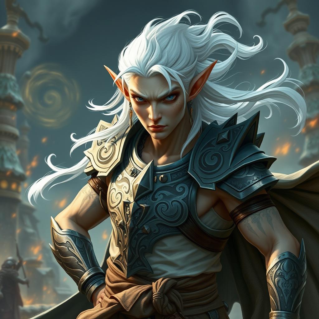 An elf character embodying the battle warlock class, depicted in a serious battle stance