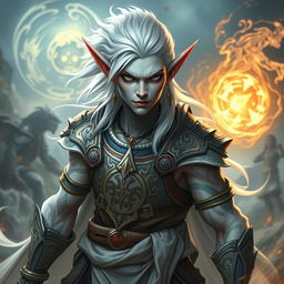 An elf character embodying the battle warlock class, depicted in a serious battle stance