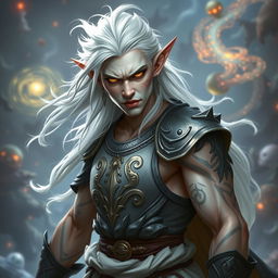 An elf character embodying the battle warlock class, depicted in a serious battle stance