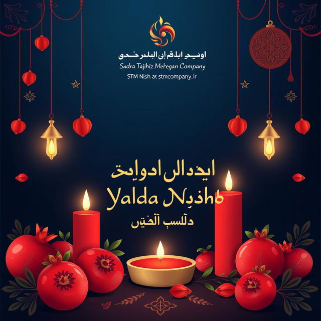 Create a festive and elegant poster for Sadra Tajhiz Mehregan Company, celebrating Yalda Night