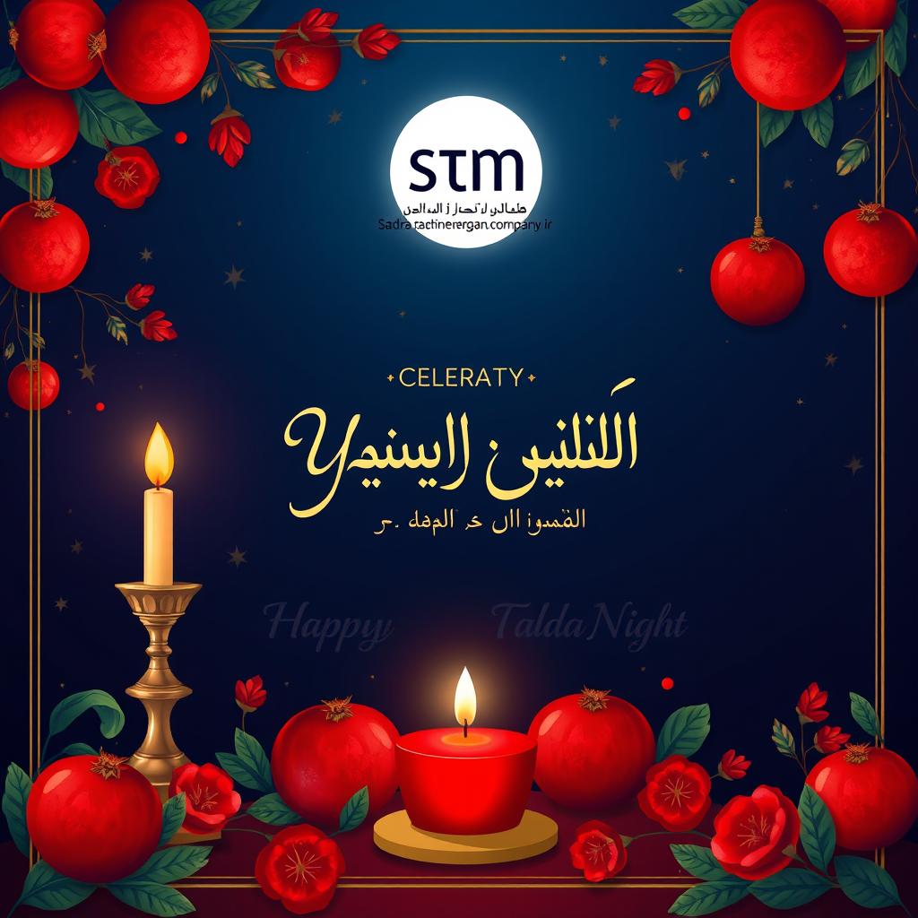 Create a festive and elegant poster for Sadra Tajhiz Mehregan Company, celebrating Yalda Night