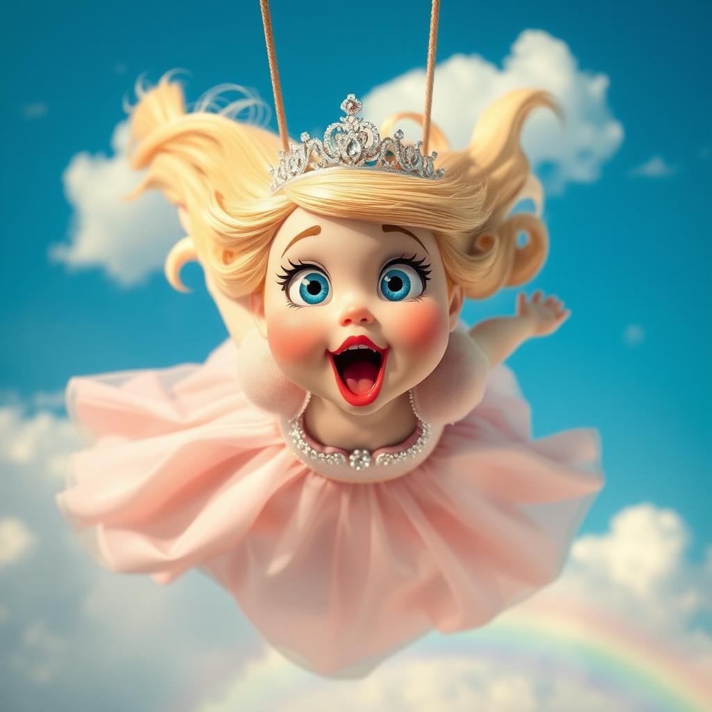 A whimsical scene featuring a fat blonde princess wearing a sparkling tiara, with big blue eyes and bright red lips