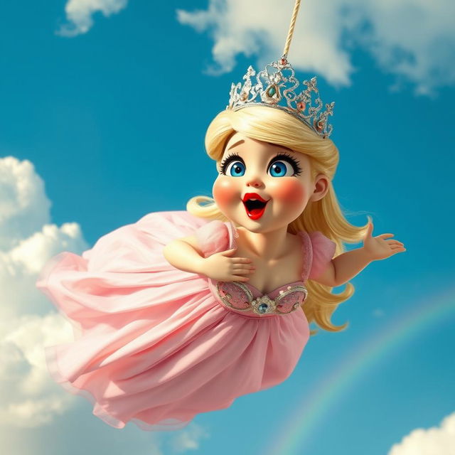 A whimsical scene featuring a fat blonde princess wearing a sparkling tiara, with big blue eyes and bright red lips