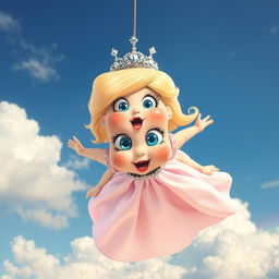 A whimsical scene featuring a fat blonde princess wearing a sparkling tiara, with big blue eyes and bright red lips