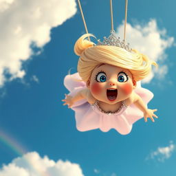 A whimsical scene featuring a fat blonde princess wearing a sparkling tiara, with big blue eyes and bright red lips