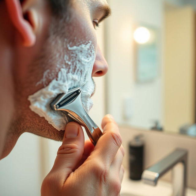 A close-up of a man shaving, focused on his face and the smooth glide of the razor over his skin