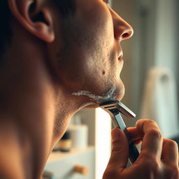 A close-up of a man shaving, focused on his face and the smooth glide of the razor over his skin