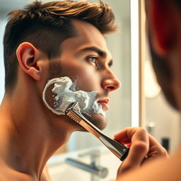 A close-up of a man shaving, focused on his face and the smooth glide of the razor over his skin