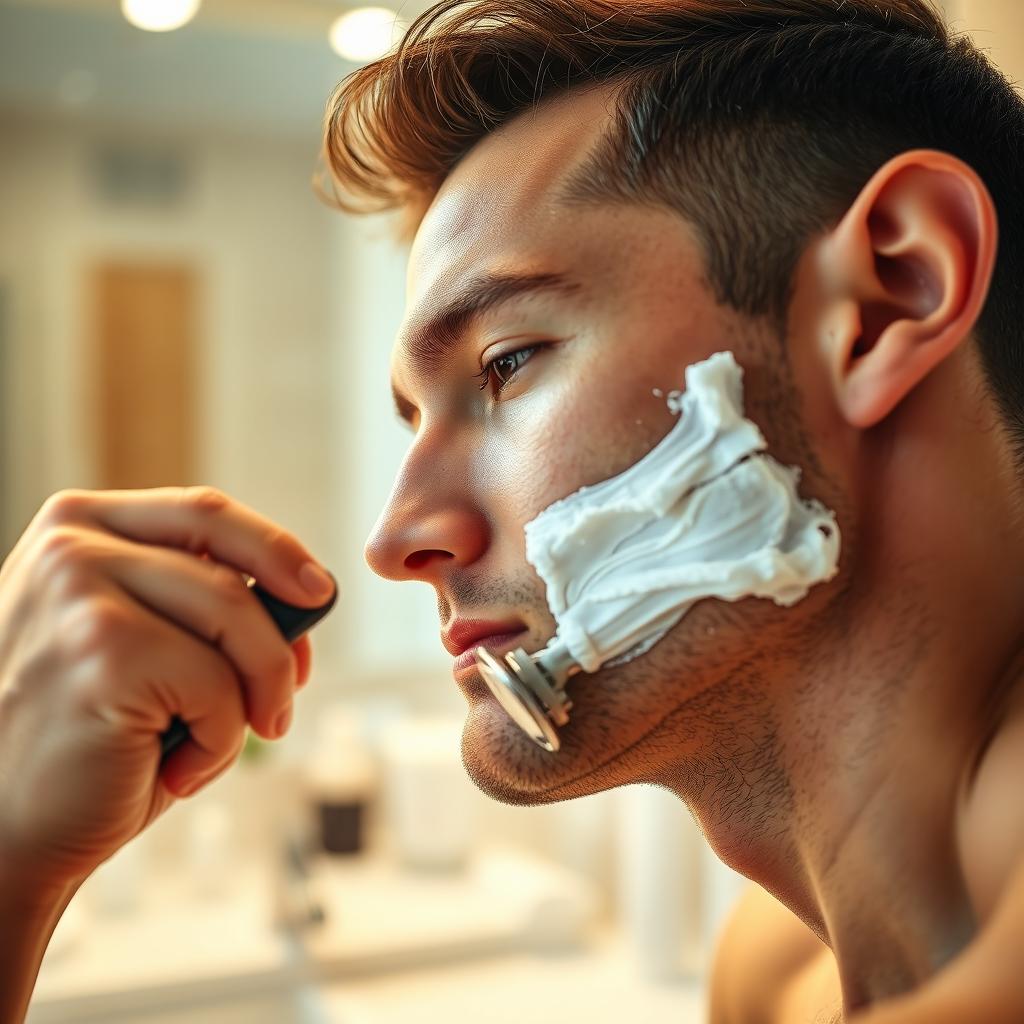 A close-up of a man shaving, focused on his face and the smooth glide of the razor over his skin