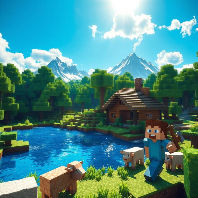 A vivid and immersive Minecraft scene featuring a lush, blocky landscape filled with vibrant green trees, a sparkling blue lake reflecting the sunlight, and a charming wooden cottage with smoke rising from the chimney