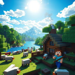 A vivid and immersive Minecraft scene featuring a lush, blocky landscape filled with vibrant green trees, a sparkling blue lake reflecting the sunlight, and a charming wooden cottage with smoke rising from the chimney