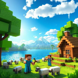 A vivid and immersive Minecraft scene featuring a lush, blocky landscape filled with vibrant green trees, a sparkling blue lake reflecting the sunlight, and a charming wooden cottage with smoke rising from the chimney