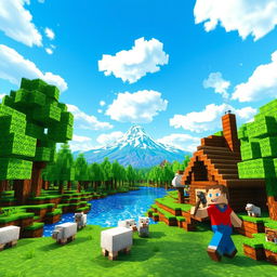 A vivid and immersive Minecraft scene featuring a lush, blocky landscape filled with vibrant green trees, a sparkling blue lake reflecting the sunlight, and a charming wooden cottage with smoke rising from the chimney