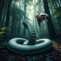 A surreal creature in a dense forest, combining features of an eagle and a snake