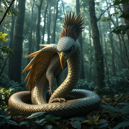 A surreal creature in a dense forest, combining features of an eagle and a snake
