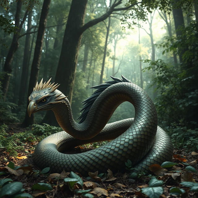 A surreal creature in a dense forest, combining features of an eagle and a snake