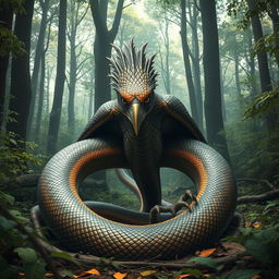 A surreal creature in a dense forest, combining features of an eagle and a snake