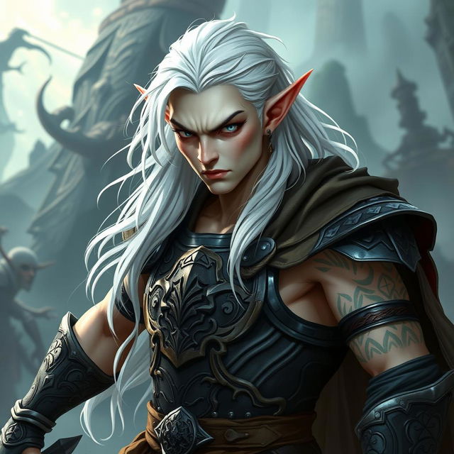 An elf character representing the battle warlock class, depicted in a serious battle stance